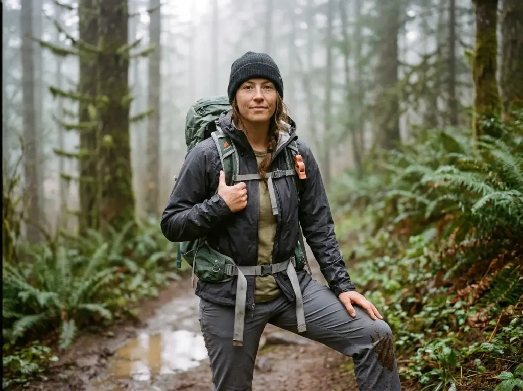 Hiker on a forest trail wearing a backpack, sternum strap whistle buckle visible at chest level