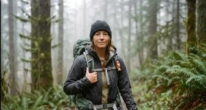 Is Your Sternum Strap Whistle Loud Enough? Hiker on a forest trail wearing a backpack, sternum strap whistle buckle visible at chest level