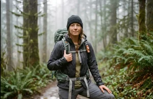 Is Your Sternum Strap Whistle Loud Enough? Hiker on a forest trail wearing a backpack, sternum strap whistle buckle visible at chest level