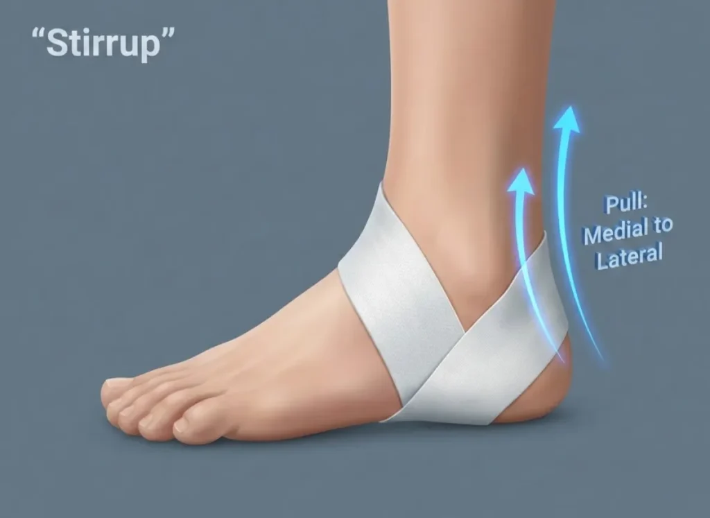 An instructional diagram showing the proper application of the Stirrup ankle taping technique, featuring a foot at a 90-degree angle with a strip of tape running from the inside ankle, under the heel, to the outside ankle, highlighted by directional arrows indicating an upward pull.