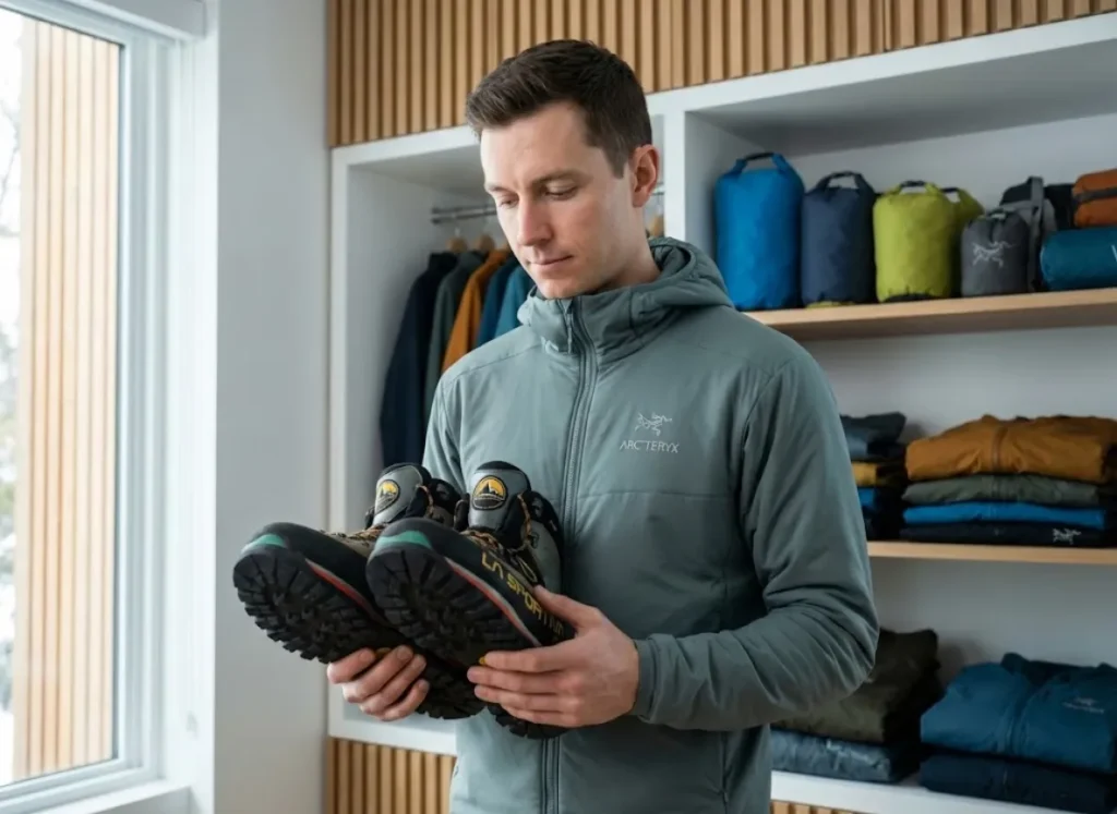 Professional alpinist inspecting pristine La Sportiva boots in a modern, organized gear closet, wearing an Arc'teryx hoodie, cinematic lighting.