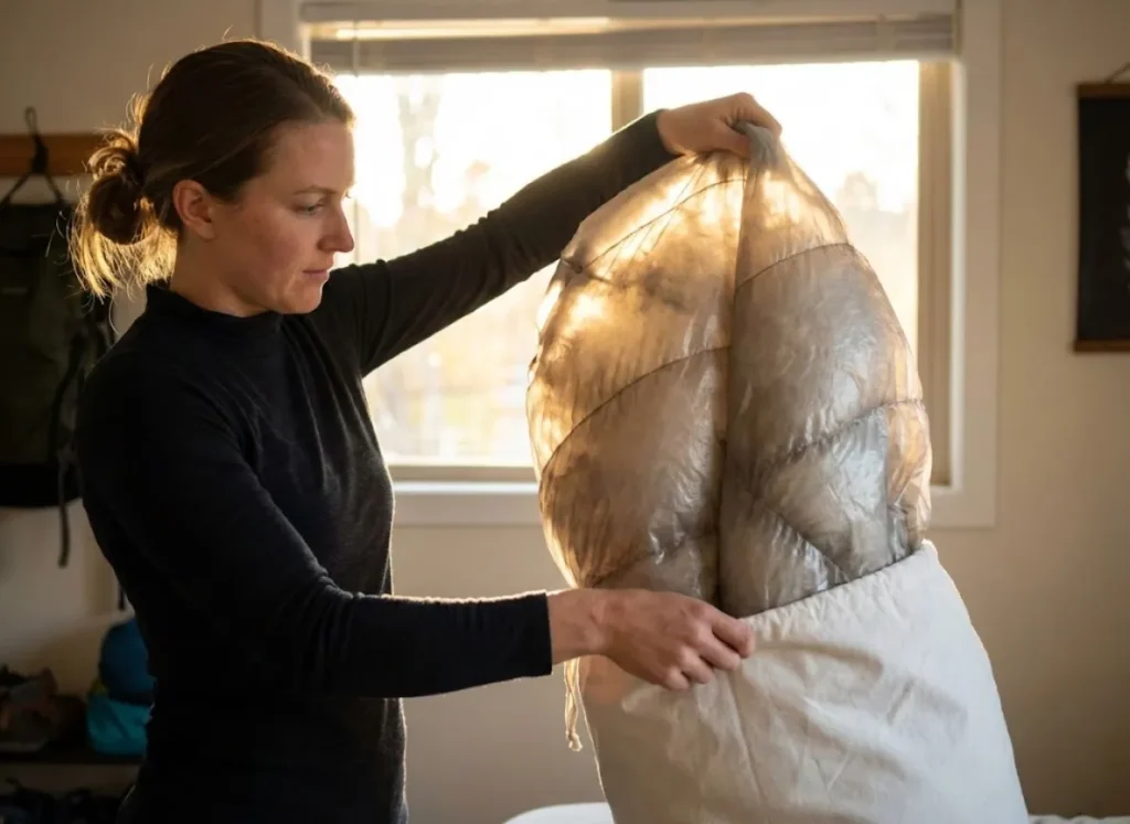 Professional climber placing a Western Mountaineering down sleeping bag into a large cotton storage sack, backlit to show down loft.