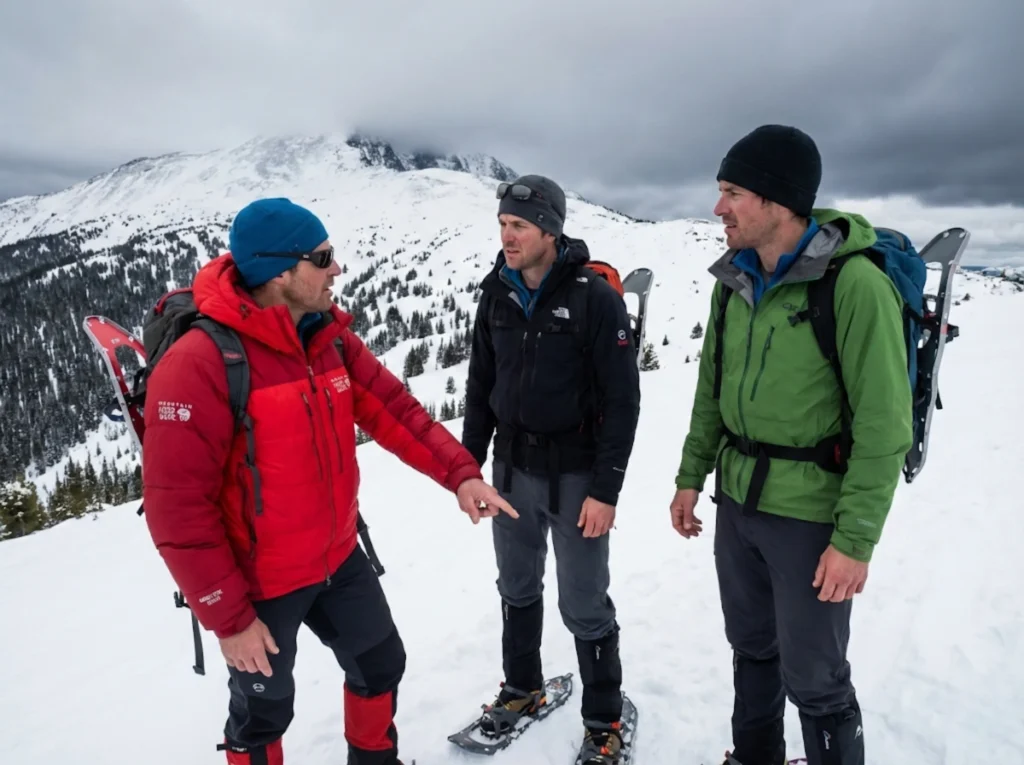 Climbing team discussing turnaround decision on snowy slope demonstrating summit fever psychology