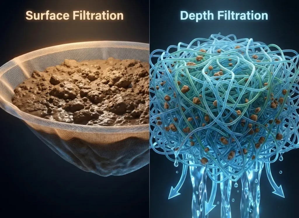 A split-screen 3D cross-section diagram comparing water filtration methods. The left side, labeled "Surface Filtration," shows a thin woven screen with a thick layer of mud clogging the top. The right side, labeled "Depth Filtration," shows a thick maze of fibers with particles trapped deep inside, allowing clean water to pass through the bottom.