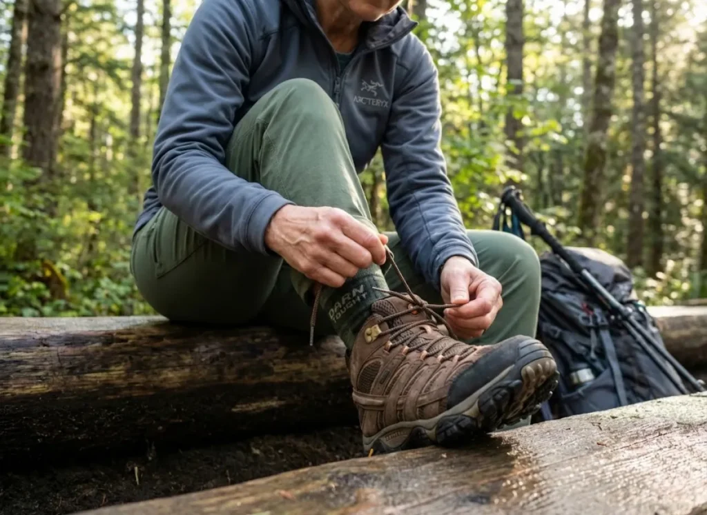 Hiker tying Surgeon's Knot in hiking boot laces to lock tension and prevent slippage