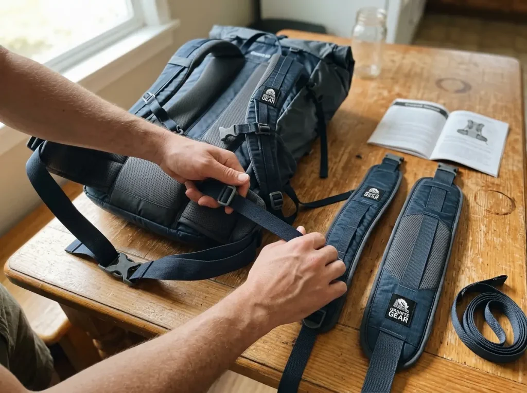 Two interchangeable Granite Gear Crown3 hip belt sizes laid out beside the pack for a custom fit