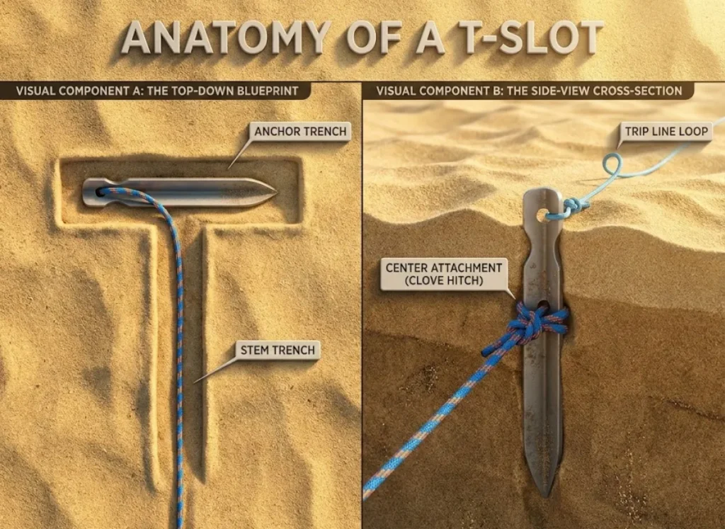 A dual-view technical illustration showing the correct setup of a T-Slot anchor in sand. The top view displays the T-shaped trench with the stake perpendicular to the line. The side-view cross-section highlights the guyline attached to the center hole via a Clove Hitch, the scoop facing the load, and a separate trip line attached to the top hole for retrieval.