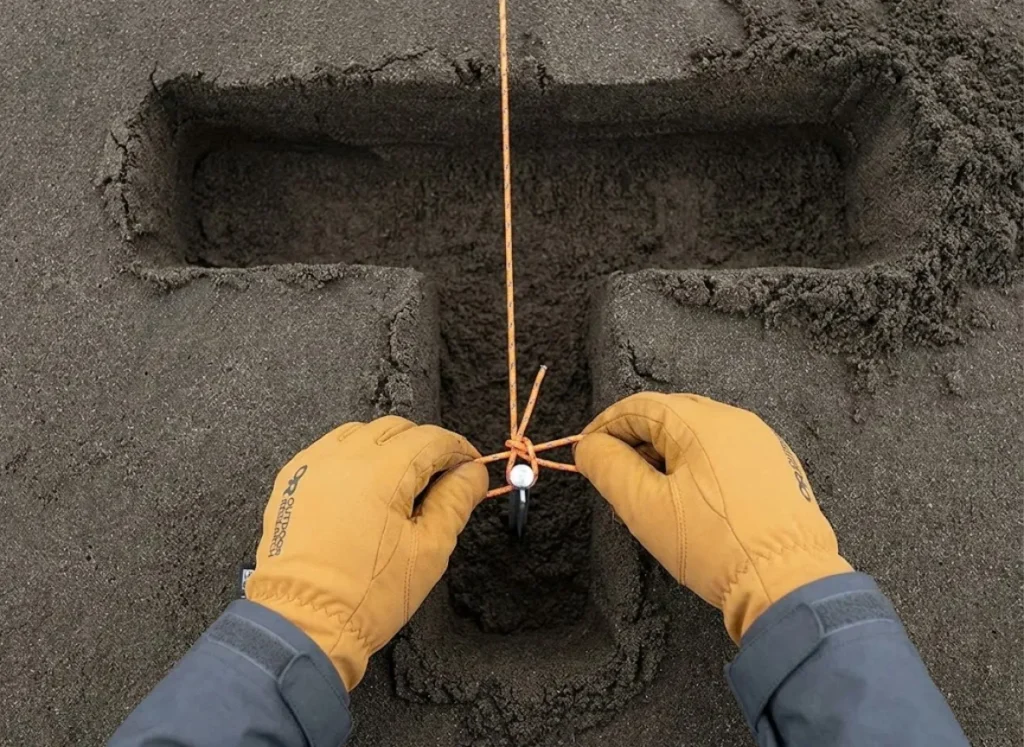 Top-down view of gloved hands tying a clove hitch to a center-buried tent stake inside a T-shaped sand trench.
