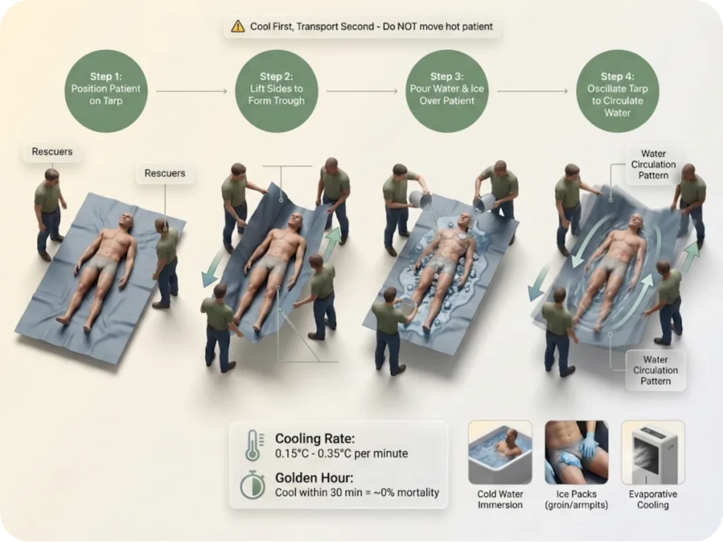 Four-step TACO method demonstration showing tarp-assisted cooling oscillation technique for emergency heat stroke treatment in wilderness settings.