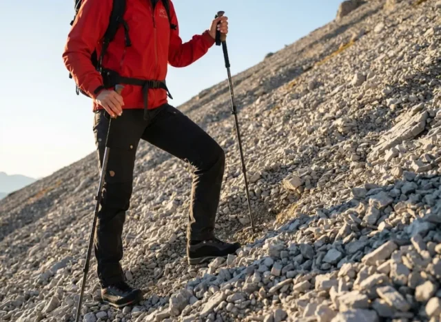 tape-ankles-prevent-sprains-hero A professional hiker navigating technical scree terrain in the Dolomites wearing Arc'teryx and La Sportiva gear, demonstrating stability and confidence.