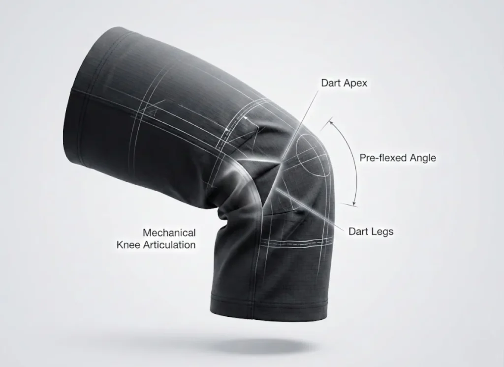 A detailed technical illustration of a hiking pant leg in side profile, featuring a wireframe overlay that highlights the knee dart stitching, dart apex, and the pre-flexed angle of the fabric.