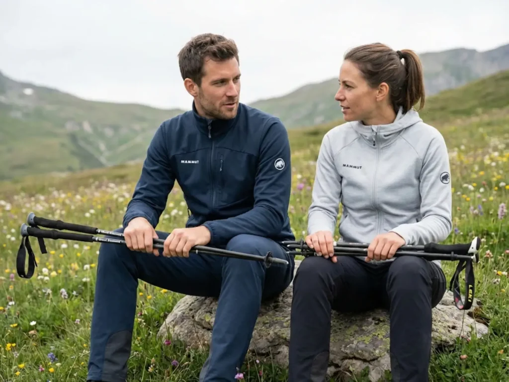 Two hikers comparing telescoping and folding trekking poles on mountain trail