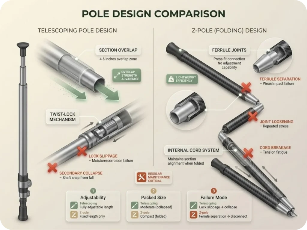 Side-by-side technical diagram comparing telescoping pole section overlap and lock mechanism versus Z-pole ferrule joints and internal cord, with failure points marked.