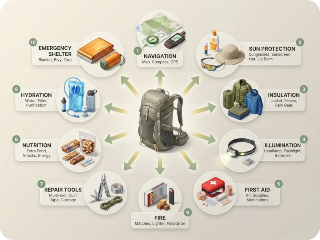 Visual infographic displaying the Ten Essentials for hiking with specific gear examples for each category: navigation, sun protection, insulation, illumination, first aid, fire, repair tools, nutrition, hydration, and emergency shelter.