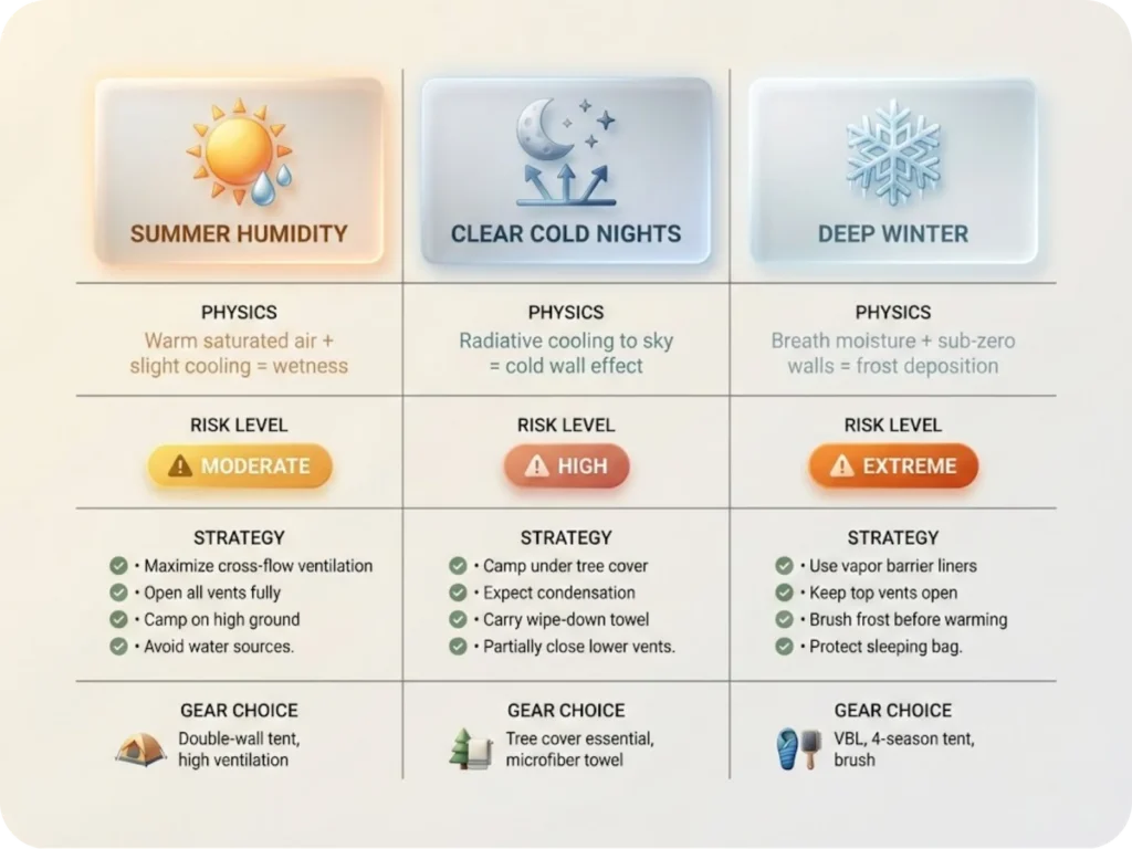 Three-column comparison chart showing condensation management strategies for summer humidity, clear cold nights, and deep winter camping conditions.