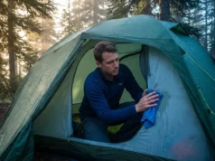 Wake Up to a Wet Tent? Here’s the Physics-Based Fix Backpacker wiping tent condensation with microfiber towel at dawn campsite under trees