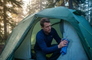 Wake Up to a Wet Tent? Here’s the Physics-Based Fix Backpacker wiping tent condensation with microfiber towel at dawn campsite under trees