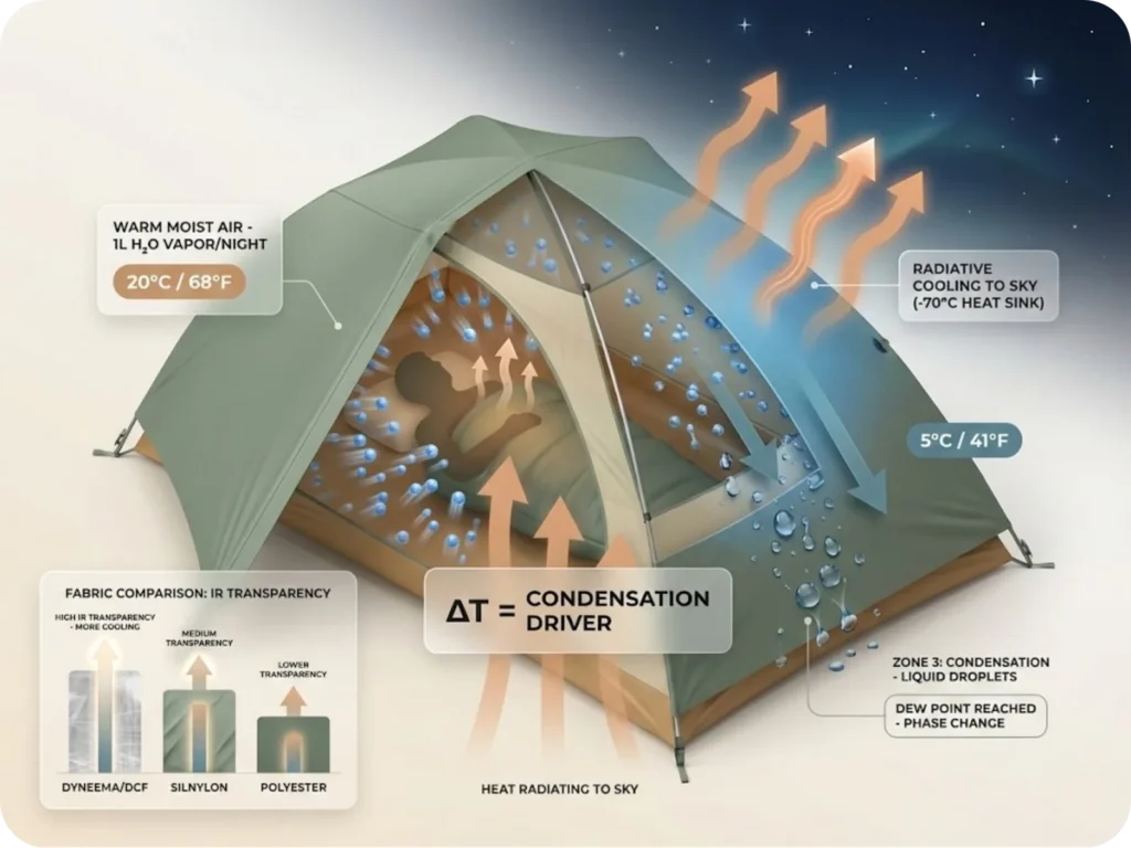 Thermodynamic diagram showing water vapor phase change process inside a tent, with warm air molecules condensing on cold rainfly surface through radiative cooling.