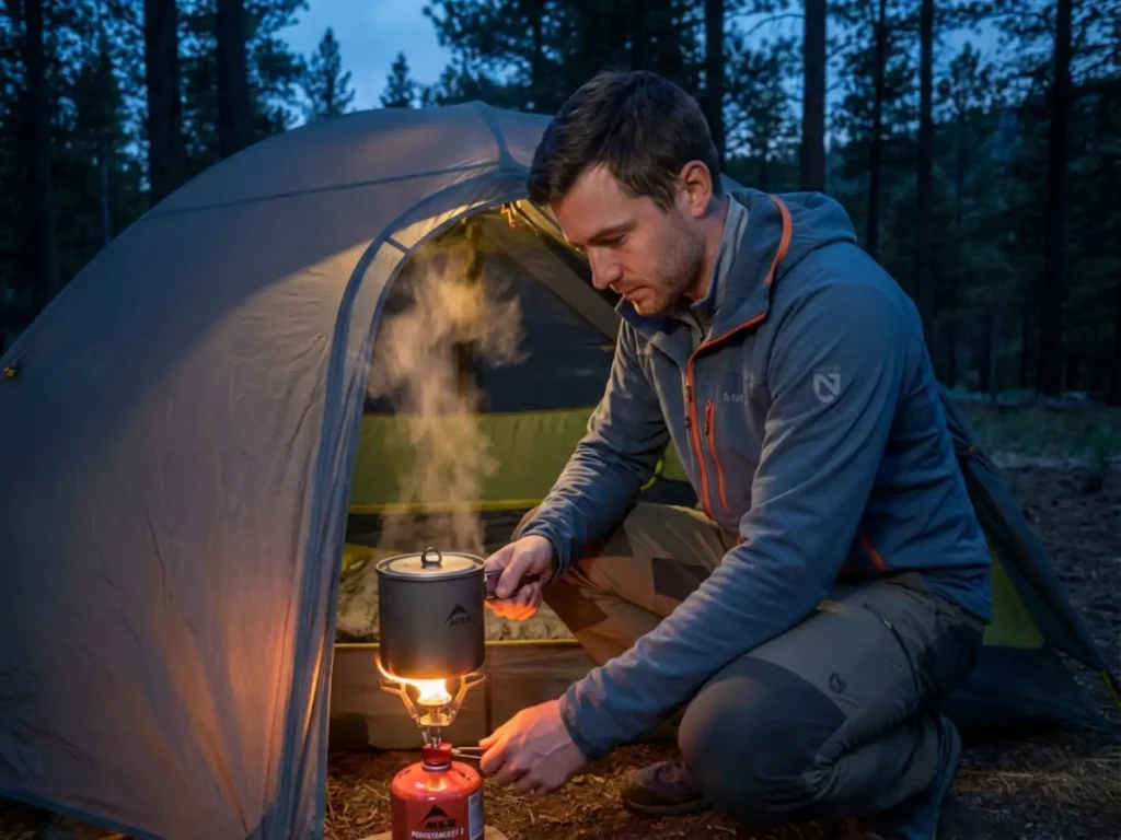 Backpacker cooking in tent vestibule to prevent interior moisture buildup at forest campsite
