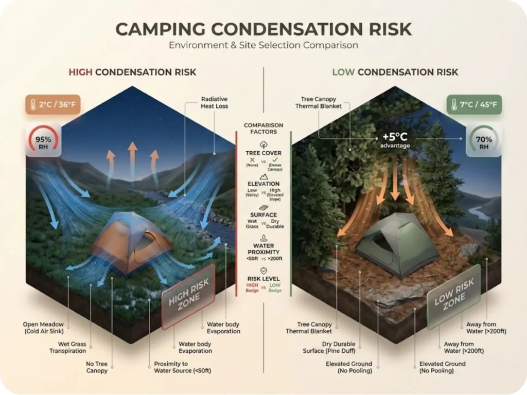 Side-by-side comparison of high-risk versus low-risk campsite selection for tent condensation, showing terrain, tree cover, and environmental factors.