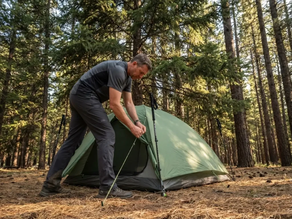 Hiker pitching tent under conifer canopy for condensation protection in pine forest