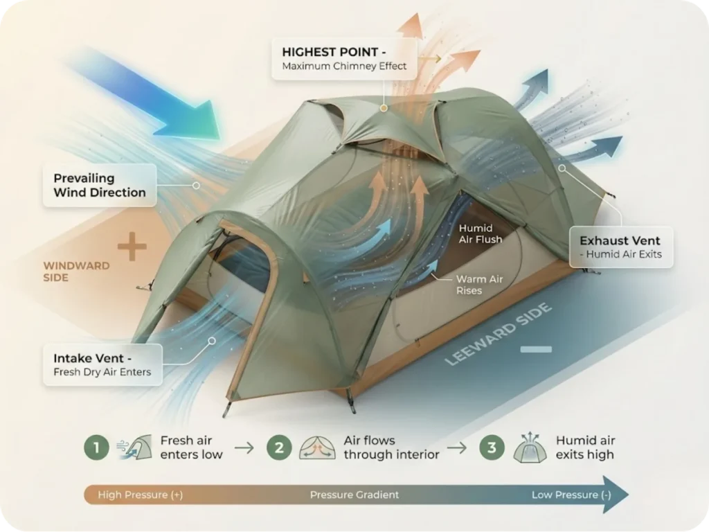Top-down diagram of tent showing cross-flow ventilation with airflow pathways, pressure differentials, and vent placement for optimal humidity management.