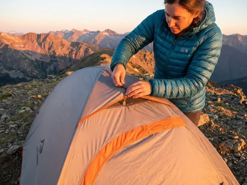 Backpacker adjusting tent apex vent for maximum airflow on mountain ridgeline at sunset