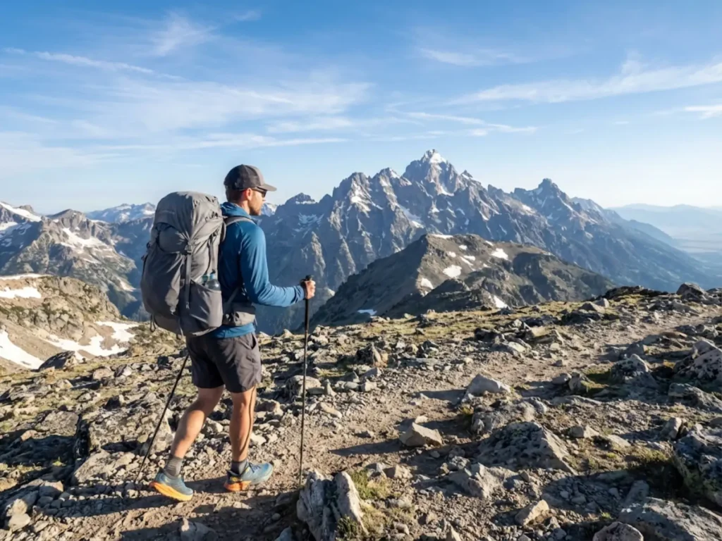 Backpacker crossing alpine pass on Teton Crest Trail with jagged peaks in background