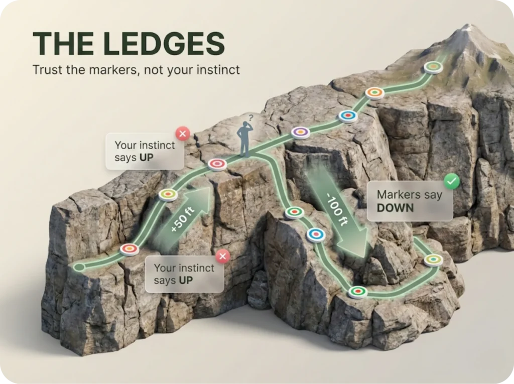 Illustrated diagram of The Ledges trail section showing the counter-intuitive route where hikers climb 50 feet then must descend 100 feet, with bull's-eye trail markers overlaid on the cliff traverse path to demonstrate why following markers matters more than instinct.