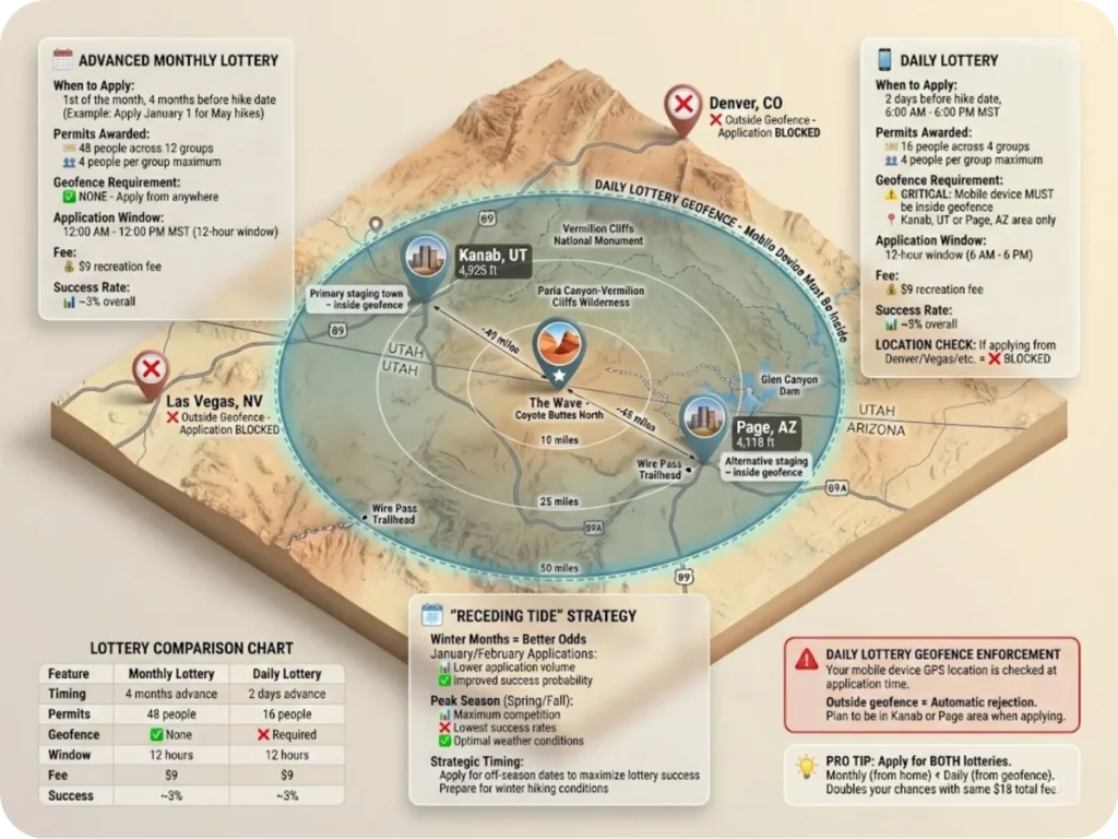 The Wave permit lottery geofence map showing Kanab Utah and Page Arizona boundary with monthly and daily lottery requirements and key landmarks.
