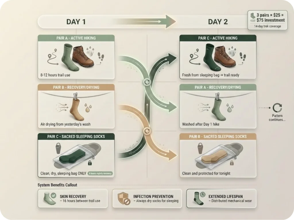 Visual flowchart showing three-pair sock rotation system with color-coded pairs moving through hiking, drying, and sleeping stages across Day 1 and Day 2 timeline.