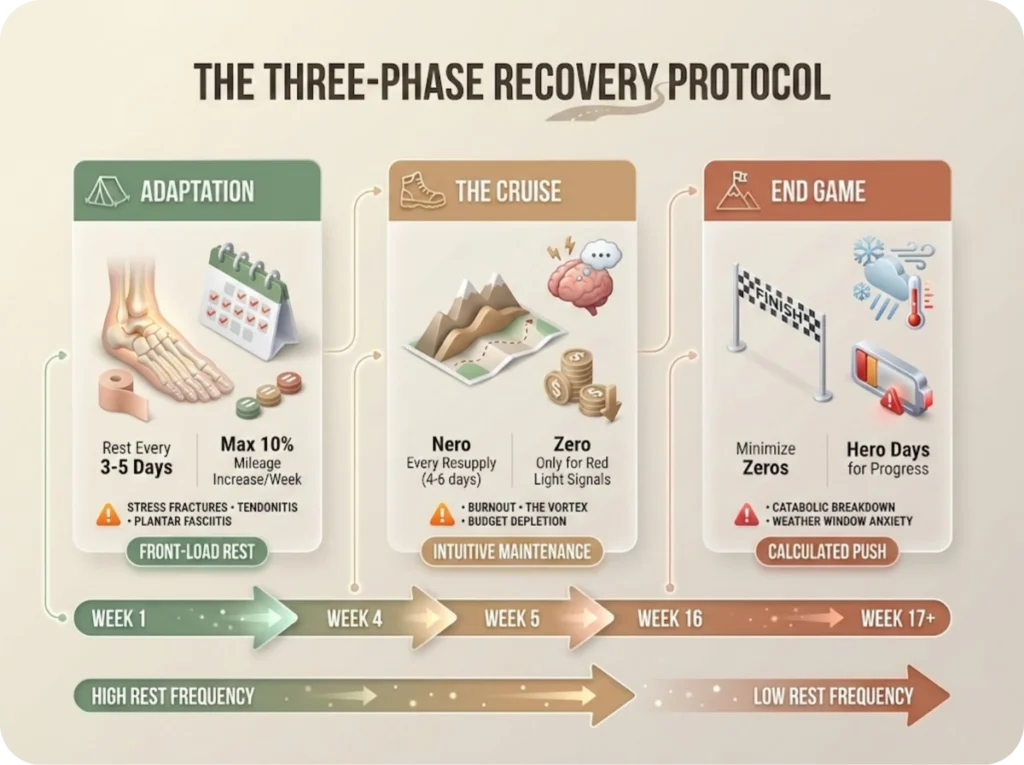 Thru-hiking three-phase recovery protocol timeline infographic showing Weeks 1-4 Adaptation phase, Weeks 5-16 Cruise phase, and Weeks 17+ End Game phase with recommended rest frequency and primary injury risks for each stage.