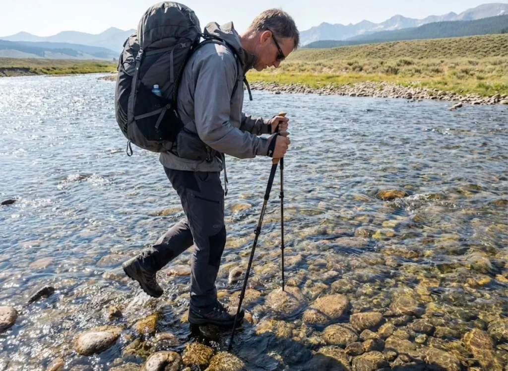 Experienced hiker demonstrating three points of contact trekking pole river crossing technique
