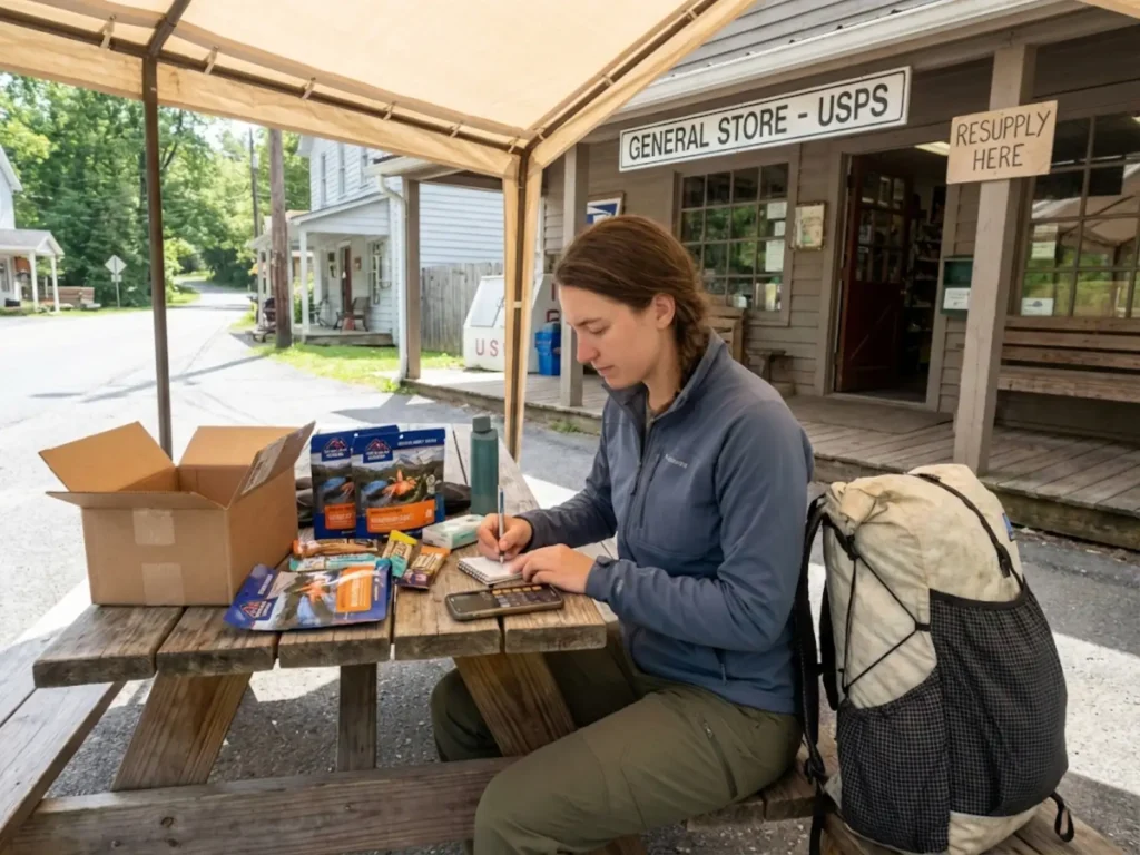 Thru-hiker organizing resupply mail drop and tracking expenses at trail town general store