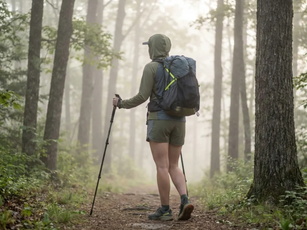 Thru-hiker doing low-mileage nero day for active recovery on misty forest trail