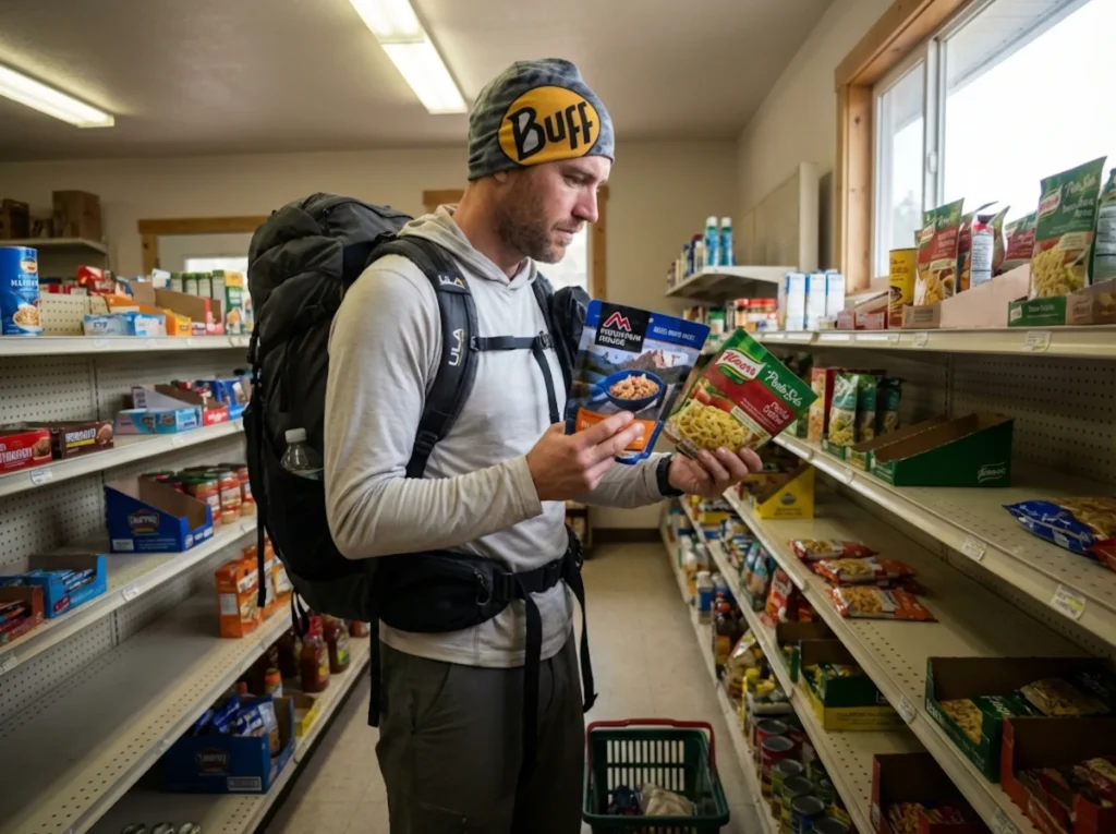 Thru-hiker comparing resupply costs at small trail town store during zero day