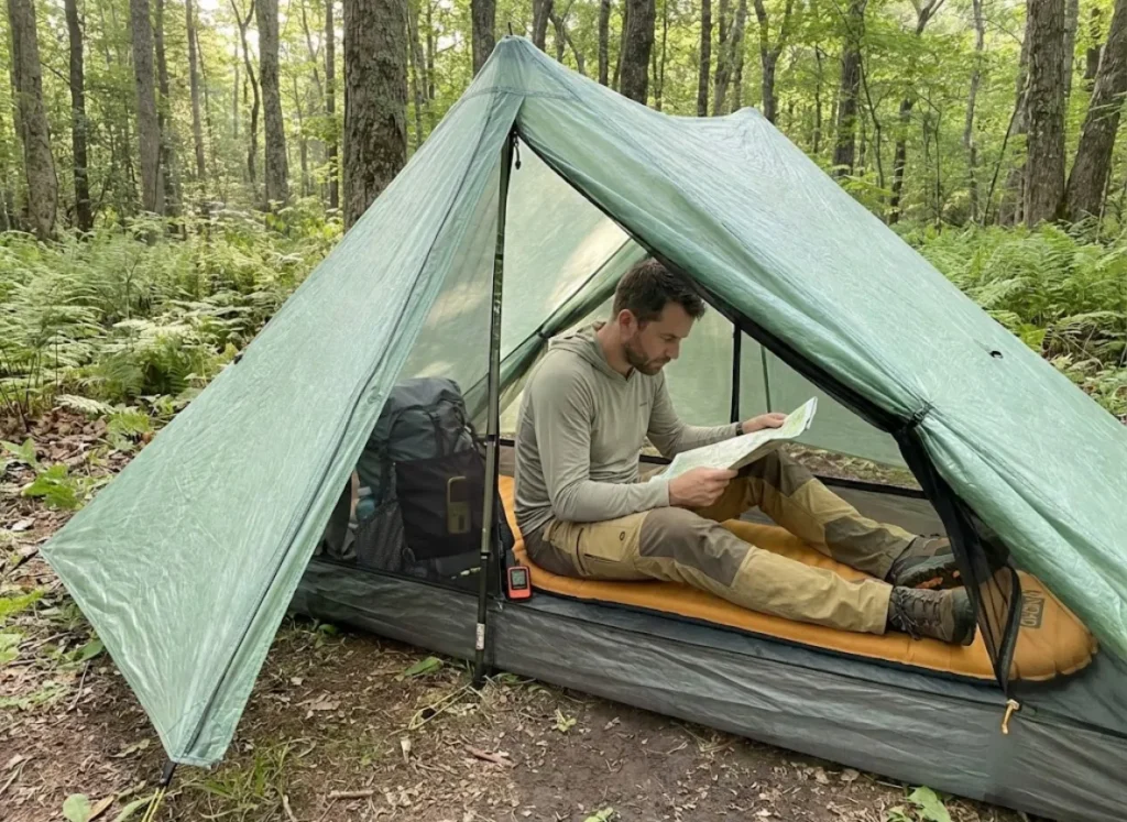Thru-hiker enjoying sit-up space inside ultralight DCF tent on Appalachian Trail