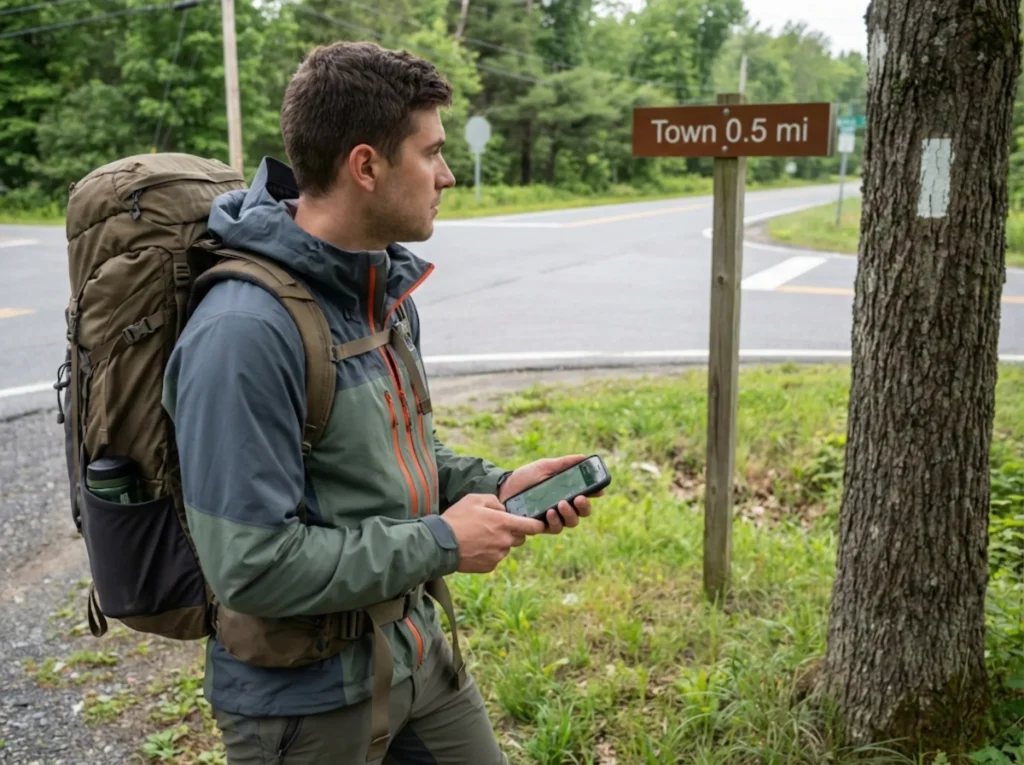 Thru-hiker at trail town crossroads deciding between zero day rest or continuing hike