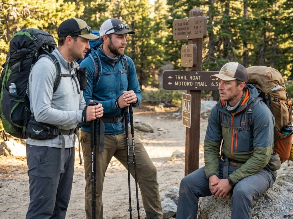Thru-hiker tramily at trail junction navigating group rest day disagreement