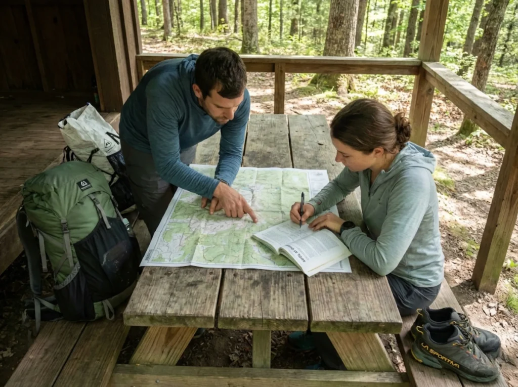 Thru-hikers planning rest day strategy with trail maps and guidebook at AT shelter