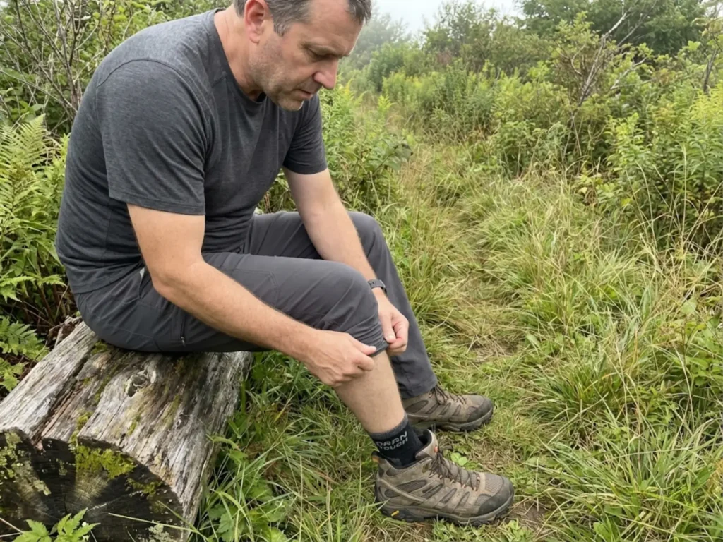 Hiker performing leg tick check on overgrown trail wearing protective hiking pants