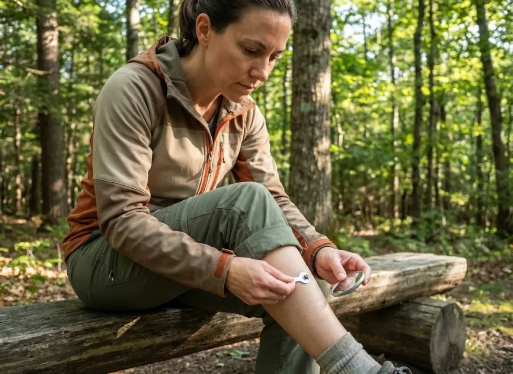 Hiker performing thorough tick check on permethrin-treated hiking pants at trail rest stop