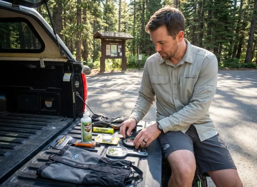 Hiker organizing tick defense kit with gaiters, permethrin, and removal tools at trailhead