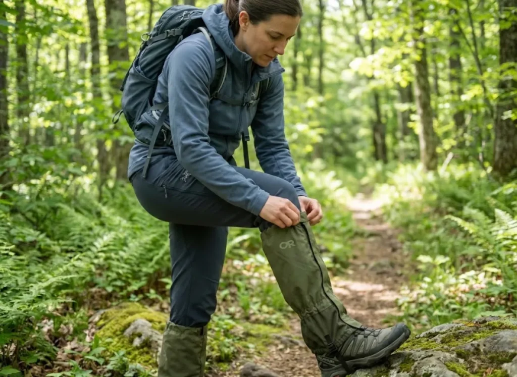 Hiker adjusting Outdoor Research gaiters on a forest trail to prevent tick bites while hiking