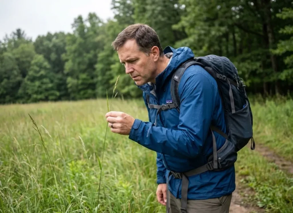 Hiker examining tall grass for questing ticks in a meadow habitat on an overcast day
