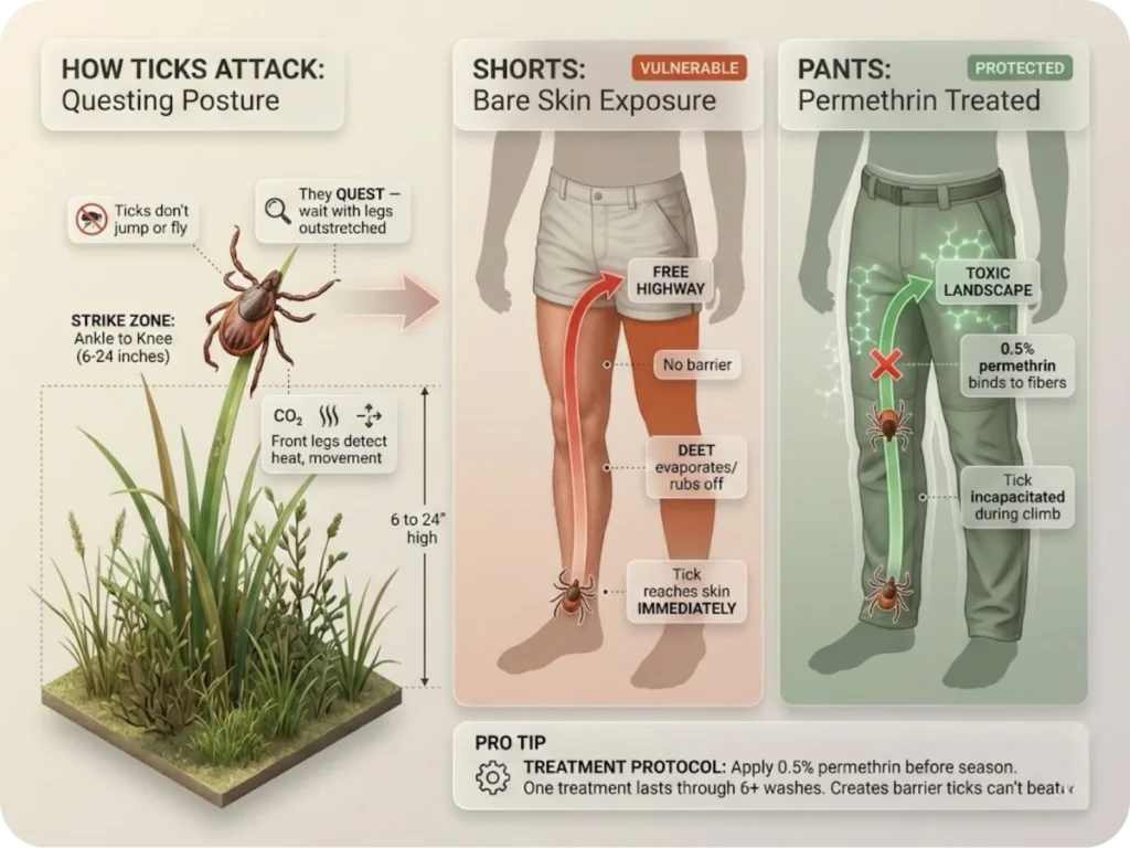 Diagram showing tick questing posture on vegetation at ankle-to-knee height, comparing bare skin exposure with shorts versus permethrin-treated pants, with labeled arrows showing tick climb path and permethrin contact zone.