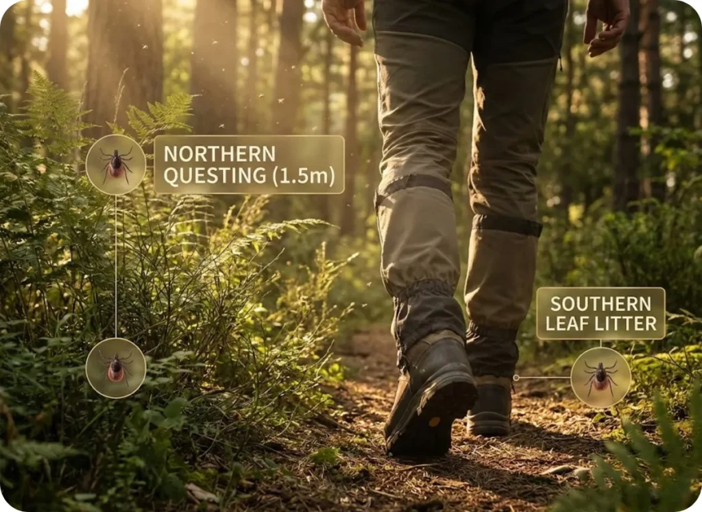 Educational diagram illustrating tick questing heights on a hiker; compares high vegetation zones for Northern ticks versus low leaf litter zones for Southern ticks.