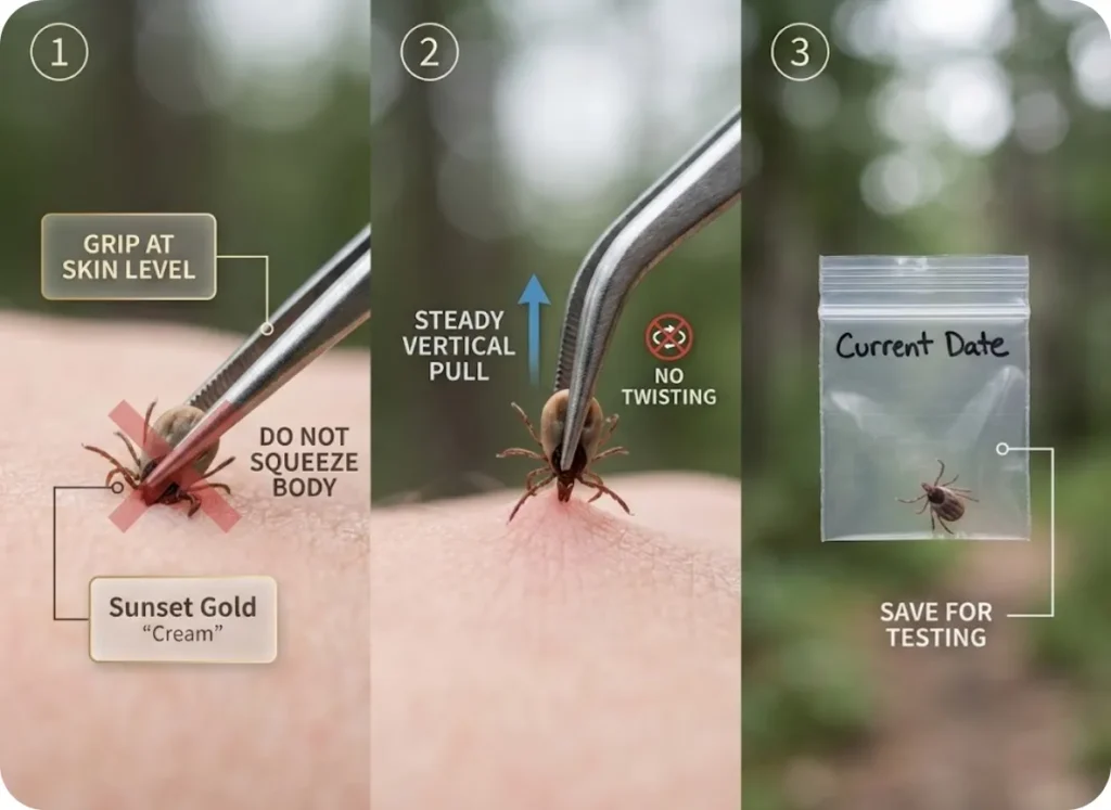 3-step tick removal guide: 1) Gripping tick mouthparts at skin level with fine-tipped tweezers, 2) pulling upward with steady pressure without twisting, 3) sealing tick in a dated bag for potential testing.