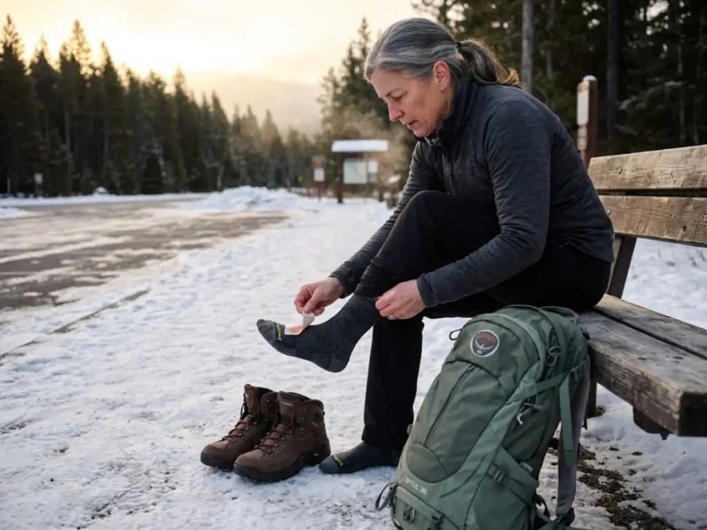 Hiker applying Grabber toe warmer to dorsal foot over wool sock before winter hike
