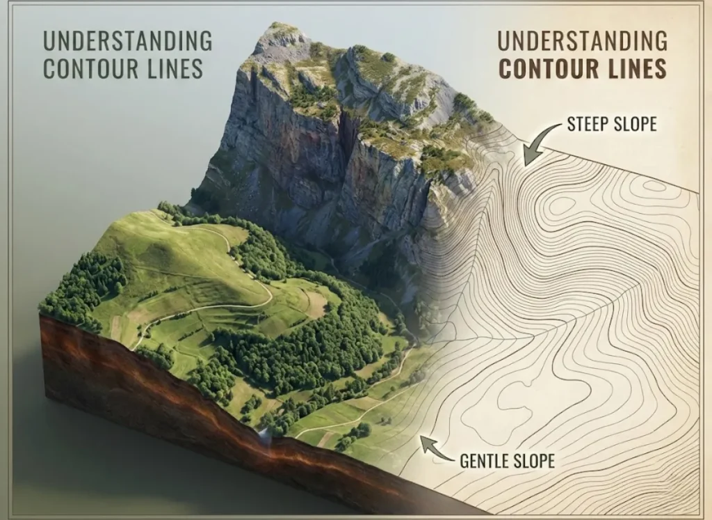 A side-by-side educational diagram comparing a realistic 3D mountain profile with its 2D topographic map counterpart. It illustrates how closely packed contour lines represent a 'Steep Slope' and widely spaced lines represent a 'Gentle Slope'.